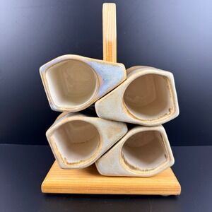 Vintage Rodolfo Padilla Signed Drip Glaze Mugs Set of 4 with Wood Stand Blue Tan